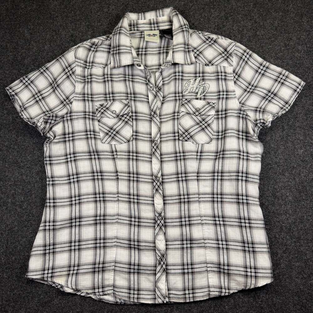 Harley-Davidson Women's Black and White Plaid Short Sleeve Rhinestone Embellishe